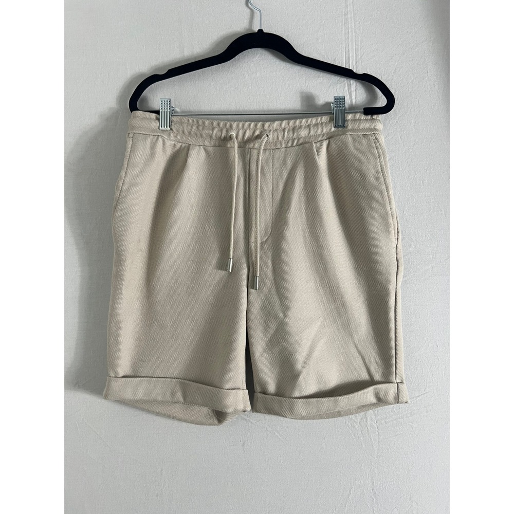 Zara Men Beige Ecru Comfort Fit Drawstring Sweat Shorts Casual Cuffed Bermuda